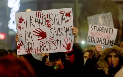 31.12.2024-01.01.2025 Belgrade(Serbia) Life/ Politics Bloody hands at university students stage a protest against curren-stock-foto