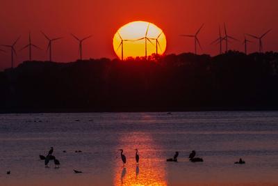 Die Sonne geht hinter Windraedern am 09.10.2021 am Stausee in Straussfurt in Thueringen unter. search: Deutschland Germ-stock-photo