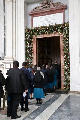 ITALY -  CARDINAL JAMES MICHAEL HARVEY OPENS THE HOLY DOOR OF THE BAILICA OF SAINT PAUL OUTSIDE THE WALLS , FOR THE JUBILEE, IN ROME  - 2025/1/5-stock-photo