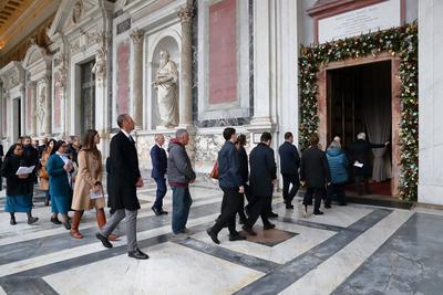 ITALY -  CARDINAL JAMES MICHAEL HARVEY OPENS THE HOLY DOOR OF THE BAILICA OF SAINT PAUL OUTSIDE THE WALLS , FOR THE JUBILEE, IN ROME  - 2025/1/5-stock-photo