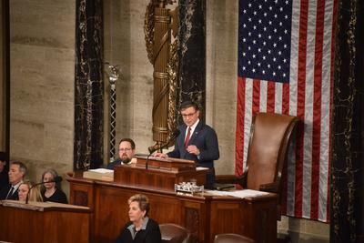 WASHINGTON, DC - JANUARY 03: U.S. Speaker of the House Mike Johnson speaks after winning the speakership for the 119th C-stock-foto
