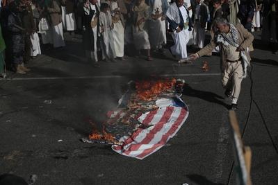 Houthi supporters protest against the US and Israel in Sana'a --stock-photo