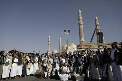 Houthi supporters protest against the US and Israel in Sana'a --stock-photo