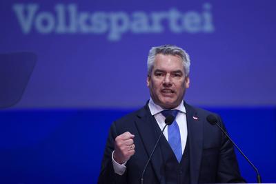 Romania EPP Congres Austria Chancellor Karl Nehammer addresses the European People s Party Congress, Thursday, March 07,-stock-photo