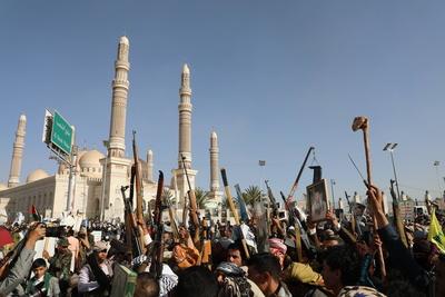 Houthi supporters protest against the US and Israel in Sana'a --stock-photo
