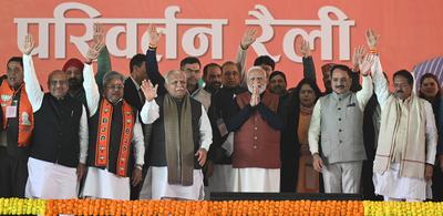 Prime Minister Narendra Modi Addresses "Parivartan Rally" In Delhi-stock-photo