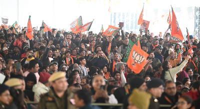 Prime Minister Narendra Modi Addresses "Parivartan Rally" In Delhi-stock-photo
