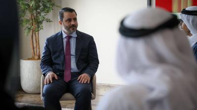 Syrian Foreign Minister Asaad Al-Sheibani, Defense Minister Major General Marhaf Abu Qasra, and General Intelligence Chief Anas Khattab meet with Sheikh Abdullah bin Zayed Al Nahyan-stock-photo