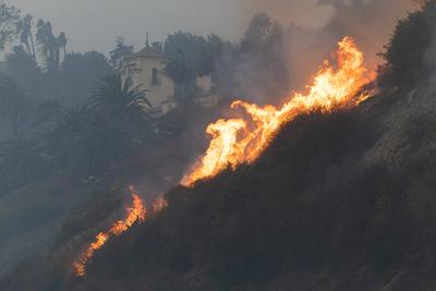 PACIFIC PALISADES, CA - JANUARY 07: Flames from a brush fire pushed by gusting Santa Ana winds approach homes on January-stock-foto