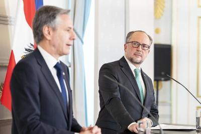 Wien, ?sterreich. 13. M?rz 2024. Pressekonferenz bei Arbeitsbesuch von US-Secretary of State Antony Blinken bei Au?enmin-stock-foto