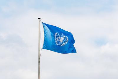 Die Fahne der Vereinten Nationen vor dem UN Campus in der UNO-Stadt Bonn, in der ?ber 25 Organisationen ihren Sitz haben-stock-photo