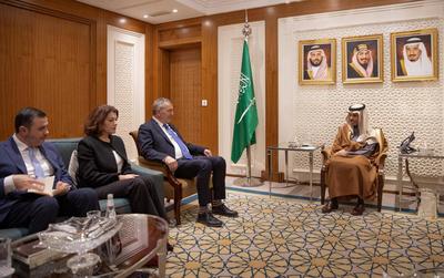 Prince Faisal bin Farhan bin Abdullah, Saudi Minister of Foreign Affairs, receives the Commissioner-General of the United Nations Relief-stock-photo