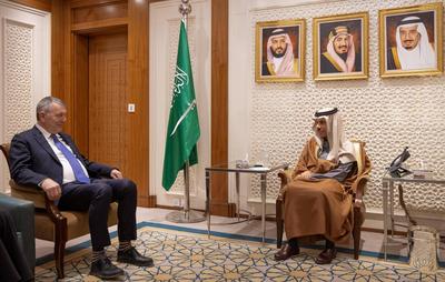 Prince Faisal bin Farhan bin Abdullah, Saudi Minister of Foreign Affairs, receives the Commissioner-General of the United Nations Relief-stock-photo