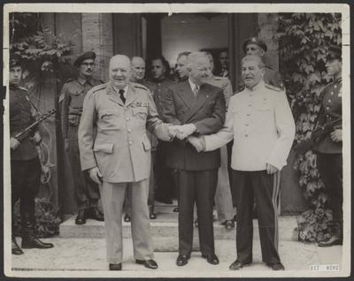 Elsevier photo collection. Potsdam conference. Winston Churchill, Harry S. Truman and Josef Stalin. July 23, 1945. Germa-stock-foto