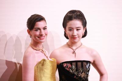 SHANGHAI, CHINA - JANUARY 08: American actress Anne Hathaway (L) and actress Crystal Liu Yifei attend the opening ceremo-stock-foto