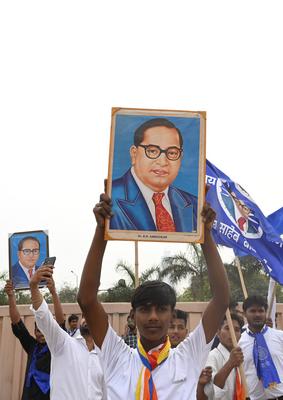 NOIDA, INDIA - APRIL 14: People seen on the occasion of the 133th birth anniversary of Dalit icon BR Ambedkar at Rashtri-stock-photo