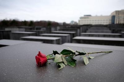 Eine Rose liegt am Tag des Gedenkens an die Opfer des Nationalsozialismus auf einer Stele des Denkmals f?r die ermordet-stock-photo