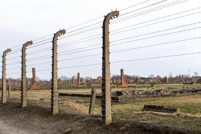 Ueberreste von Baracken, umgeben von einem Stachdrahtrzaun, am ehemaligen Konzentrationslager Auschwitz-Birkenau in Pol-stock-photo