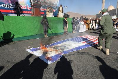 Houthi supporters protest against the US and Israel in Sana'a --stock-photo