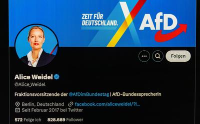 Profile of AfD politician Alice Weidel on Platform X Zurich, Switzerland, 9th Jan 2025: The profile of AfD politician Al-stock-foto