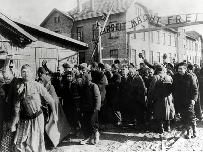 ?berlebende von Auschwitz verlassen das Lager. Foto von einem sowjetischen Fotografen w?hrend der Herstellung eines Fil-stock-foto