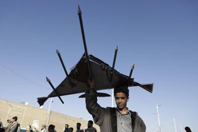 Houthi supporters protest against the US and Israel in Sana'a --stock-photo