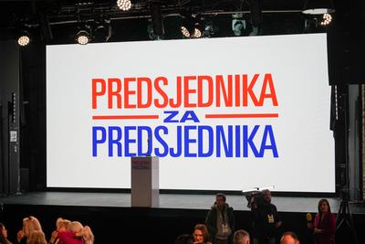 Kroatien: Stichwahl / Zweite Runde Pr?sidentschaftswahl, 2024/2025 - Wahlparty des Pr?sidenten und Spitzenkandidaten Zor-stock-photo