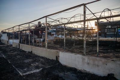 Israeli bombing targets lorence cafeteria in deir al-balah, central gaza strip, at dawn on the 466th day of the war.-stock-photo