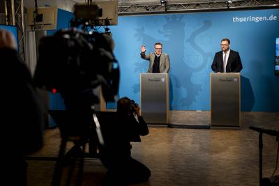 REGIERUNGSMEDIENKONFERENZ DER TH?RINGER LANDESREGIERUNG-stock-foto