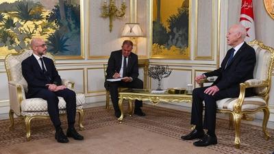 Tunisian President Kais Saied meets with Rosario Salvatore Aitala, First Vice President of the International Criminal-stock-photo