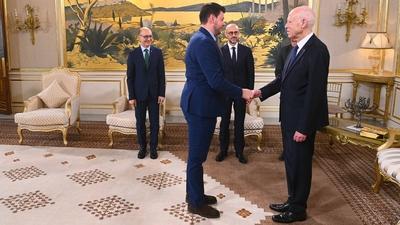 Tunisian President Kais Saied meets with Rosario Salvatore Aitala, First Vice President of the International Criminal-stock-photo