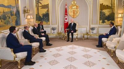 Tunisian President Kais Saied meets with Rosario Salvatore Aitala, First Vice President of the International Criminal-stock-photo