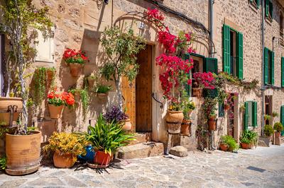 Beautiful decorated Building in Valldemossa, Majorca with flowers and plants in pots in front, Mallorca Beautiful decora-stock-photo