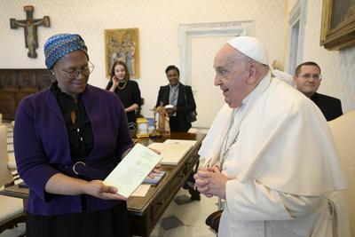ITALY -   POPE FRANCIS RECEIVES IN PRIVATE AUDIENCE H.E.MRS NOSIPHO NAUSCA-JEAN JEZILE, CHAIRPERSON OF THE WORLD COMMITTEE ON FOOD SECURITY  AT THE VATICAN  - 2025/1/16-stock-photo