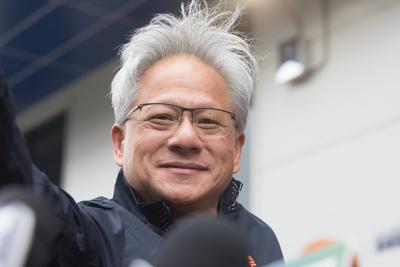 Jensen Huang, NVIDIA founder and CEO and C.W Tsai, SPIL chairman, answer questions after the opening ceremony of new Tai-stock-photo