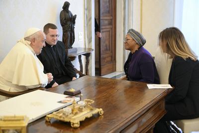 ITALY -   POPE FRANCIS RECEIVES IN PRIVATE AUDIENCE H.E.MRS NOSIPHO NAUSCA-JEAN JEZILE, CHAIRPERSON OF THE WORLD COMMITTEE ON FOOD SECURITY  AT THE VATICAN  - 2025/1/16-stock-photo