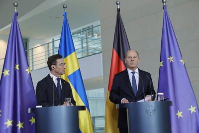 Ulf Kristersson, Ministerpr?sident von Schweden, Olaf Scholz, Bundeskanzler, Deutschland, Berlin, Bundeskanzleramt, Pres-stock-foto