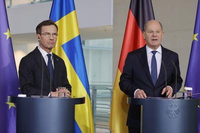 Ulf Kristersson, Ministerpr?sident von Schweden, Olaf Scholz, Bundeskanzler, Deutschland, Berlin, Bundeskanzleramt, Pres-stock-foto
