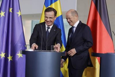 Ulf Kristersson, Ministerpr?sident von Schweden, Olaf Scholz, Bundeskanzler, Deutschland, Berlin, Bundeskanzleramt, Pres-stock-foto