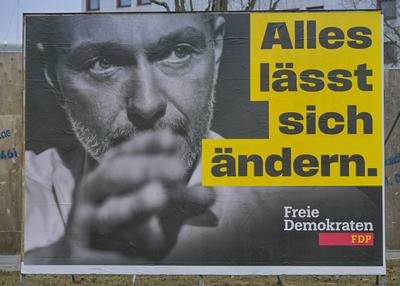 Christian Lindner, Freie Demokratische Partei FDP, Wahlplakat zur Bundestagswahl am 23.02.2025, Berlin, Deutschland-stock-foto