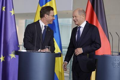 Ulf Kristersson, Ministerpr?sident von Schweden, Olaf Scholz, Bundeskanzler, Deutschland, Berlin, Bundeskanzleramt, Pres-stock-foto
