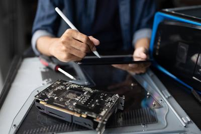IT-Ingenieur Installation von Hardware Ausr?stung Entwicklung Facility Engineer Wartung Computer Motherboard Elektronische Reparaturwerkstatt Technologie Gesch?ft-stock-photo
