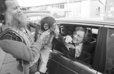Dorothee Wilms (Politikerin) 02/83 stroe Dorothee Wilms mit Schimpanse Woody am 23. Februar 1983 in Bielefeld Deutschla-stock-foto