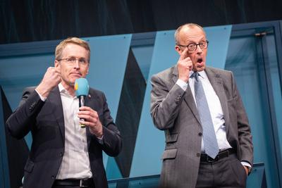 Bundestagswahlkampf ? Wahlkampfauftritt des Kanzlerkandidaten und CDU-Parteivorsitzenden Friedrich Merz in Flensburg, Schleswig-Holstein-stock-foto