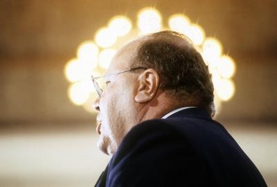 Wirtschaftsminister Martin Bangemann (BRD/FDP) w?hrend des Parteitags der FDP in Hannover-stock-foto