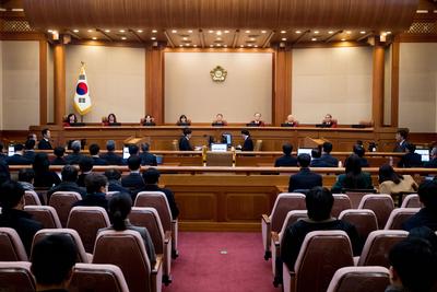 Impeached President Yoon attends impeachment trial hearing in Seoul-stock-foto