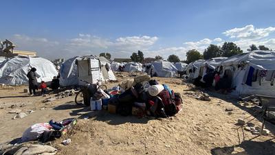Displaced Palestinian families in Gaza City begin moving their tents and personal belongings back to their homes-stock-photo