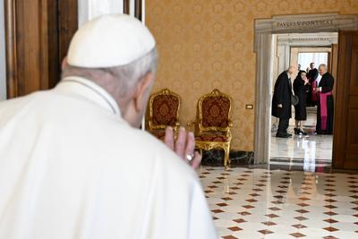 ITALY - POPE FRANCIS  DURING A PRIVATE AUDIENCE WITH H.E. MRS MYRIAM SPITERI DEBONO, PRESIDENT OF THE REPUBLIC OF MALTA AT THE  VATICAN - 2025/1/24-stock-photo