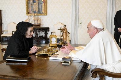 ITALY - POPE FRANCIS  DURING A PRIVATE AUDIENCE WITH H.E. MRS MYRIAM SPITERI DEBONO, PRESIDENT OF THE REPUBLIC OF MALTA AT THE  VATICAN - 2025/1/24-stock-photo