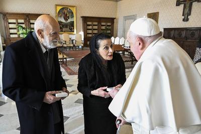 ITALY - POPE FRANCIS  DURING A PRIVATE AUDIENCE WITH H.E. MRS MYRIAM SPITERI DEBONO, PRESIDENT OF THE REPUBLIC OF MALTA AT THE  VATICAN - 2025/1/24-stock-photo